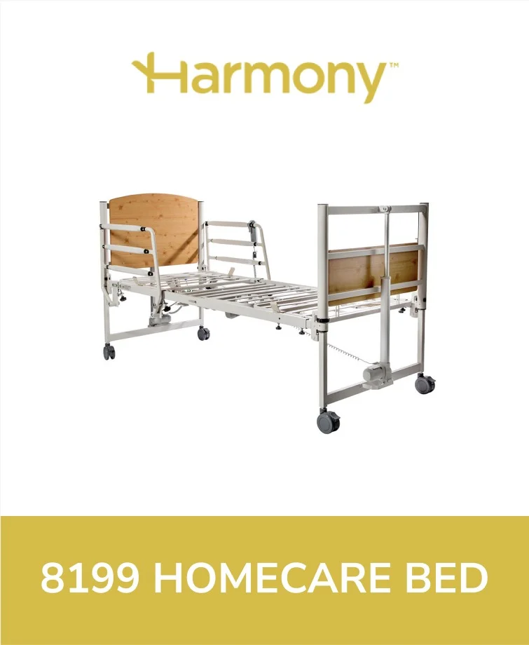 Harmony Homecare bed with side rails and a functional metal frame
