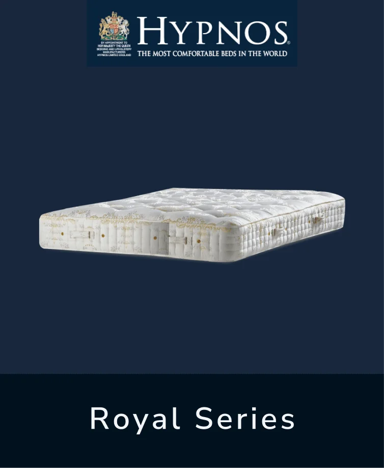 Hypnos Royal Series mattress with a beige tufted top and brown upholstered sides
