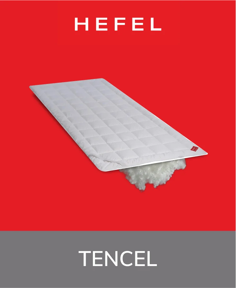 White Hefel Tencel mattress pad with corner straps, displayed on a bed